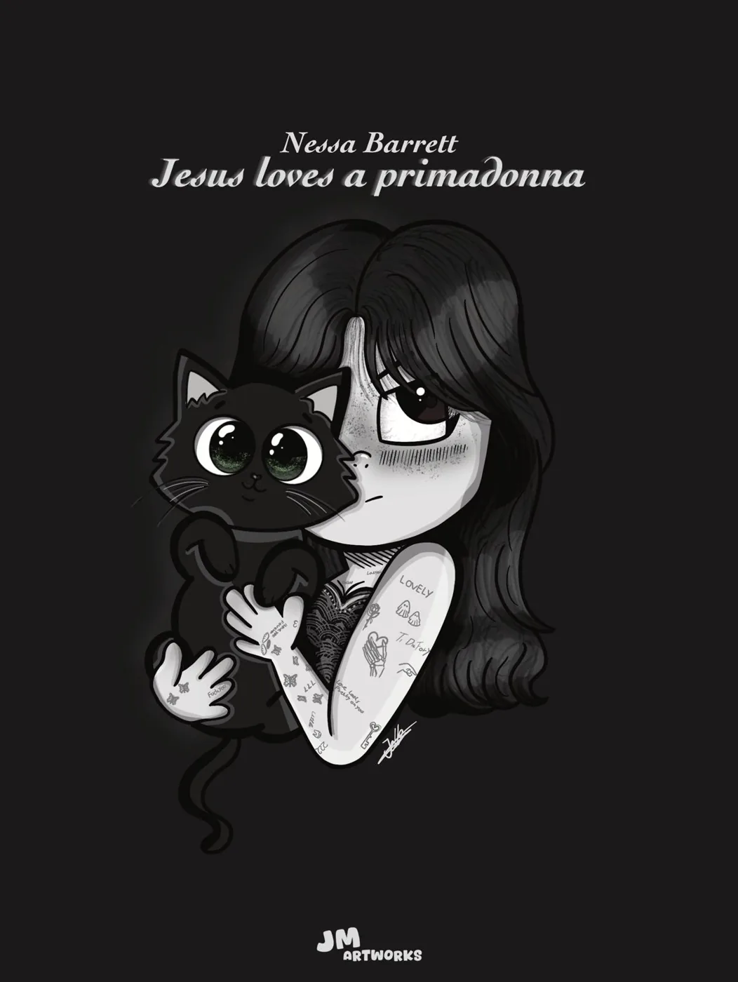 Nessa Barrett Jesus loves a primadonna - handgetekend zwart-wit cartoon portret met zwarte kat door Jelle Monderman